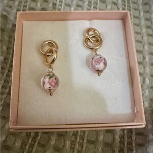 Gold and Pink Heart Drop Earrings with Swirl Design